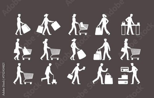 All white silhouette niche of people shopping, carrying bags, pushing carts, and retail activities on clean white background design.