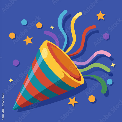 Golden party popper exploding with colorful streamers and confetti celebration fun
