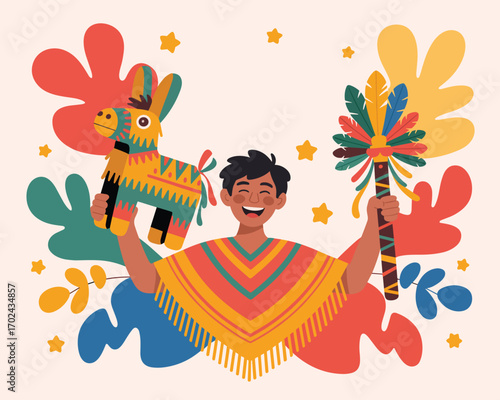 Joyful man in a colorful poncho holding a piñata for a traditional cultural celebration