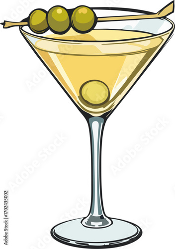 Classic Martini Glass with Three Olives – Elegant Cocktail Vector Illustration
