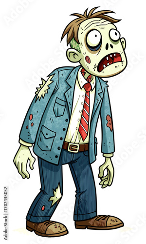 Cartoon zombie office worker with tattered suit, drooping tie, and a tired undead expression, designed in a humorous comic horror style.svg