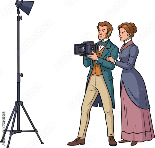 Victorian couple in vintage photography studio with old camera and lighting setup, classic portrait session, retro fashion, flat vector illustration