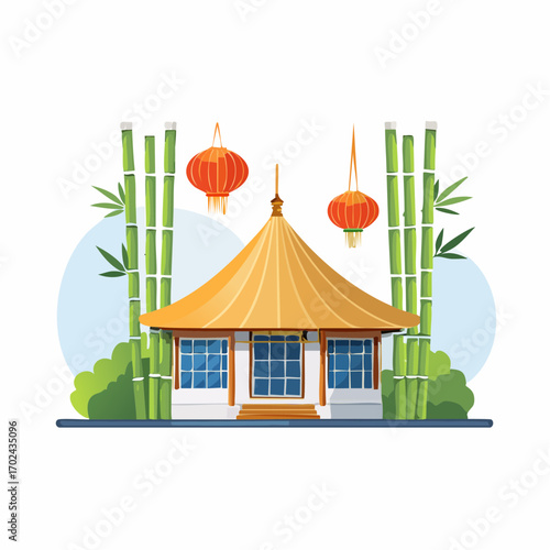 AsianInspired Structure with Bamboo and Lanterns A Cultural Architectural Illustration