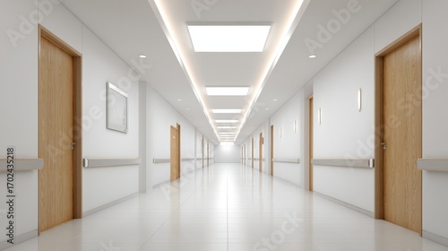 Hospital corridor with doors and bright lights, clean and modern architecture in medical center