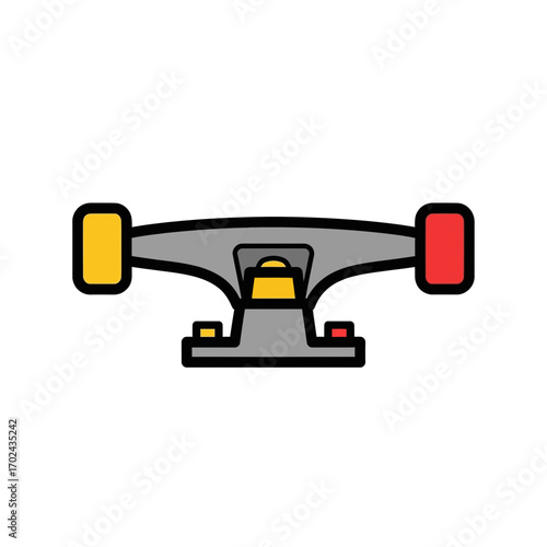 Skateboard truck balances atop white isolated background graphic