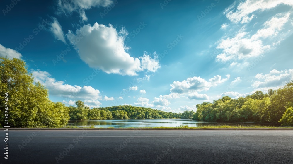 Fototapeta premium Scenic Lake View with Green Trees, Blue Sky, and Clouds, Perfect for Summer Vacation