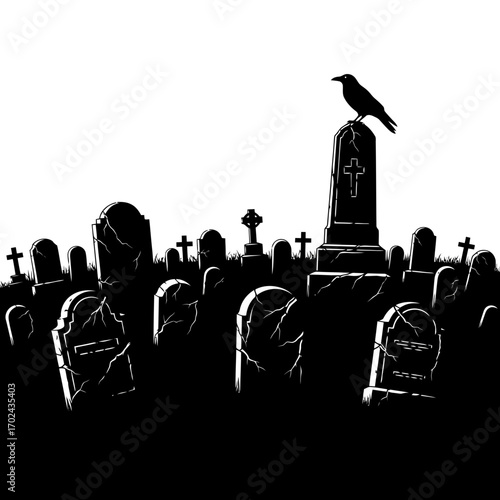 Crow on tombstone in cemetery silhouette isolated on white background