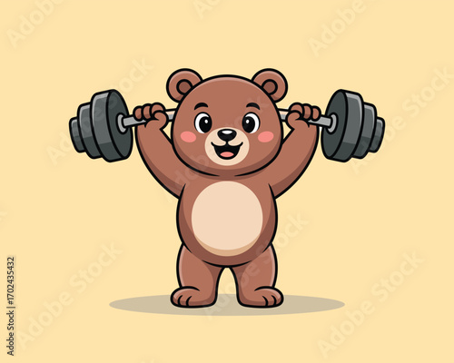Adorable Cartoon Bear Demonstrating Strength with Heavy Barbell Lift - A Flat Vector Illustration of Fitness and Determination