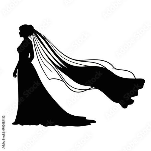 Bride in flowing veil silhouette isolated on white background