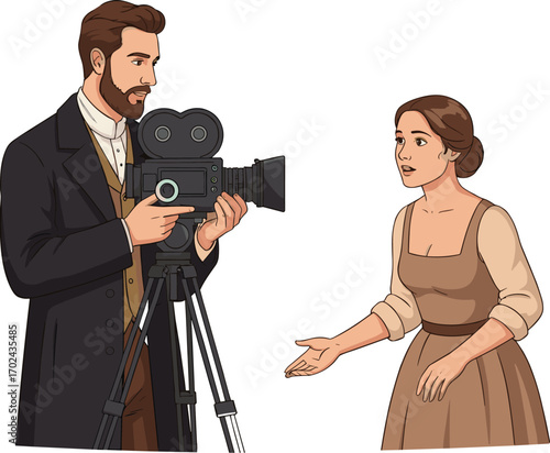 Vintage movie director filming actress with old camera, historical film production scene, classic cinematic equipment, flat vector illustration, retro filming moment