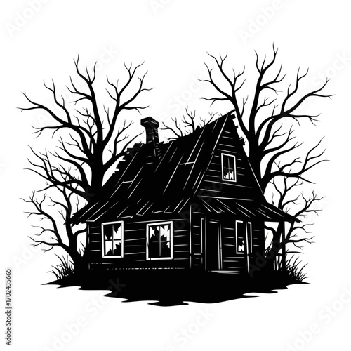 Creepy abandoned wooden house silhouette with bare trees isolated on white background