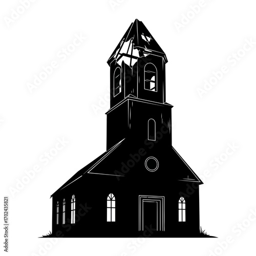 Old church building silhouette isolated on white background