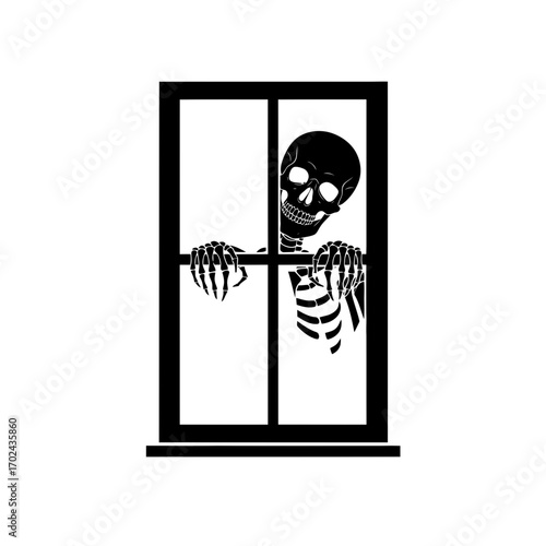 Skeleton peeking through window silhouette isolated on white background