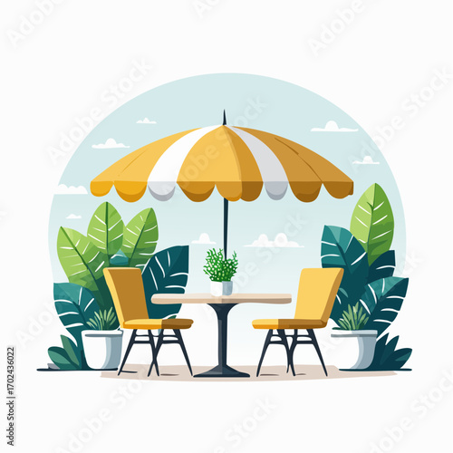 Outdoor Bistro Setting Under Striped Umbrella with Lush Plants