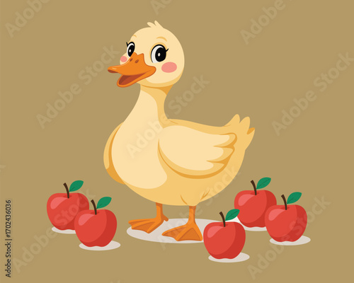 Whimsical Yellow Duckling Surrounded by Ripe Red Apples, Adorable Illustration