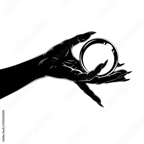 Mysterious hand holding a crystal ball silhouette isolated on white background