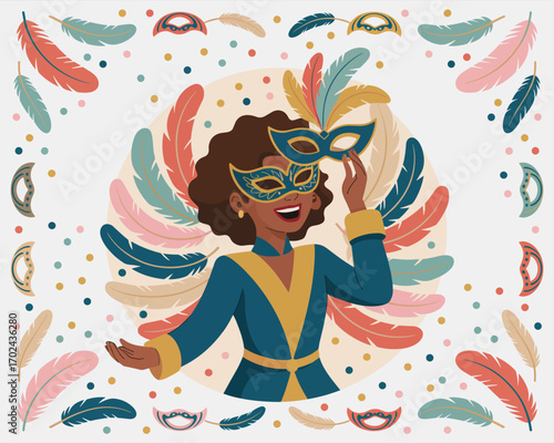 Colorful illustration of a woman holding a mask, celebrating Mardi Gras
