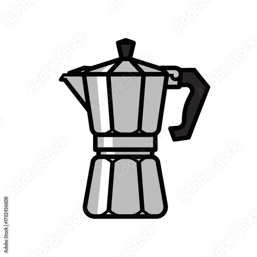 Silver moka pot brews espresso coffee indoors studio