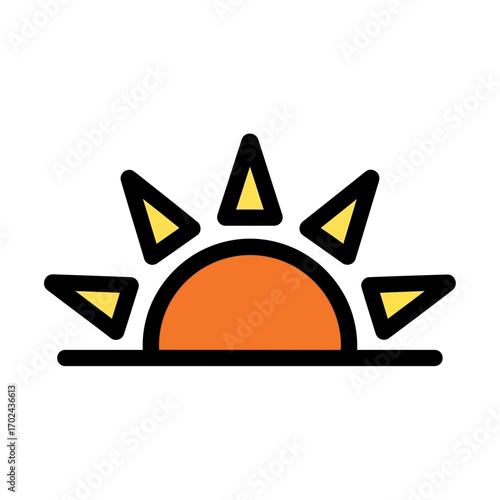 Stylized sun rises warmly over horizon line vector graphic