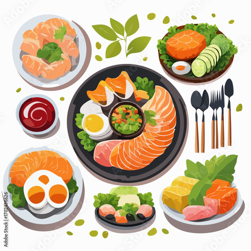 Colorful and Delicious Assortment of Freshly Prepared Sushi and Sashimi Dishes