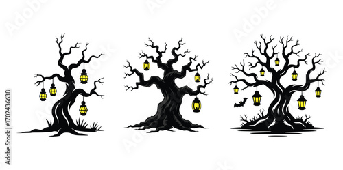 Dark Haunted Trees with Lanterns Silhouette – Creepy Spooky Halloween Forest Vector Illustration
