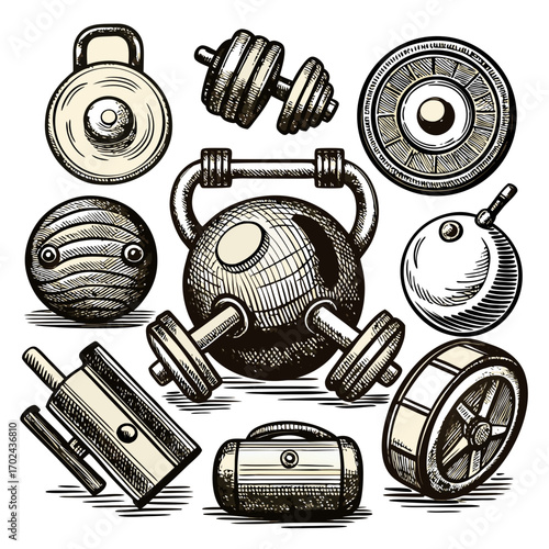 Gym Equipment Sketch: A detailed sketch showcases various gym equipment, illustrating the tools necessary for a well-rounded fitness routine, providing an inviting invitation to exercise.