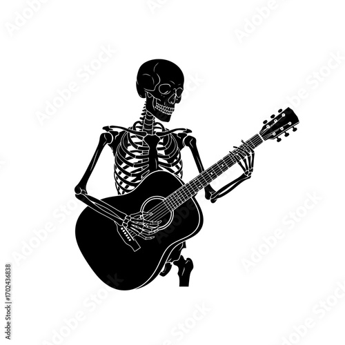 Skeleton playing acoustic guitar silhouette isolated on white background