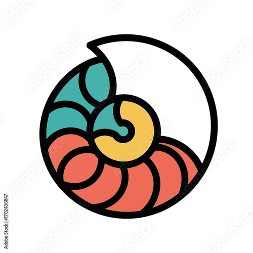 Stylized nautilus spirals upward forming vibrant pattern design