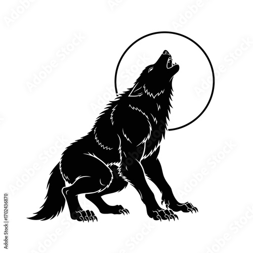 Howling wolf silhouette against a circle isolated on white background