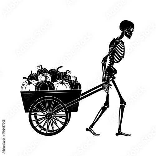 Skeleton pushing a cart full of pumpkins silhouette isolated on white background