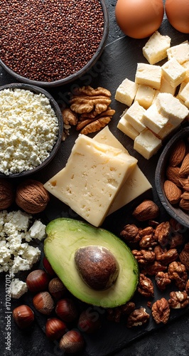 Dark stone platter with various healthy foods