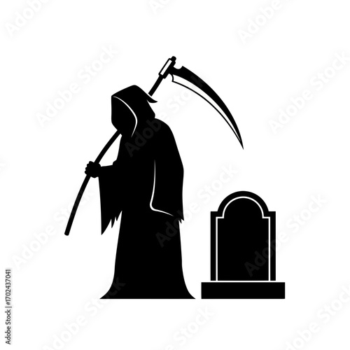 Grim reaper holding scythe next to tombstone silhouette isolated on white background