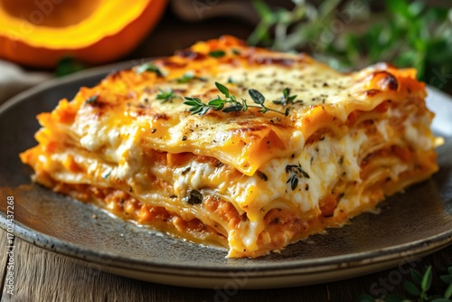 Delicious layered lasagna with rich cheese, pumpkin, and fresh herbs served on a rustic plate, showcasing appetizing textures and vibrant colors for culinary delight