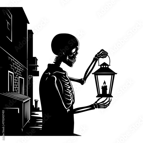 Skeleton holding a lantern in a dark alley silhouette isolated on white background