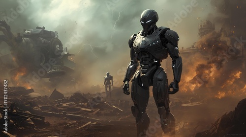 Powerful Robot Soldier in Devastated High-Tech Battlefield