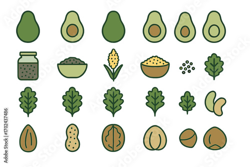 Icon Set of Healthy Plant-Based Foods Including Avocados, Nuts, Grains, and Leafy Greens on Green Background