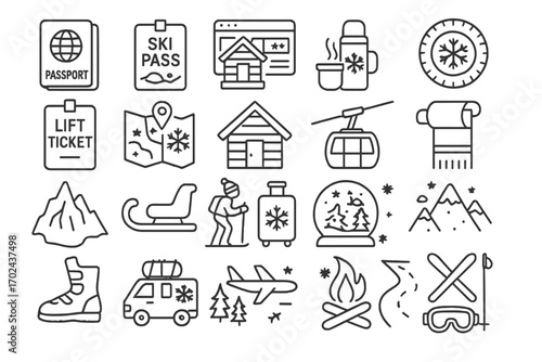 Set of winter travel and ski resort line icons including equipment, transportation, and snowy activities