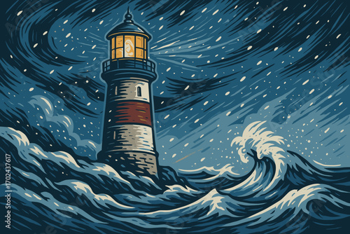 Dramatic lighthouse illustration in stormy ocean with glowing beacon and crashing waves