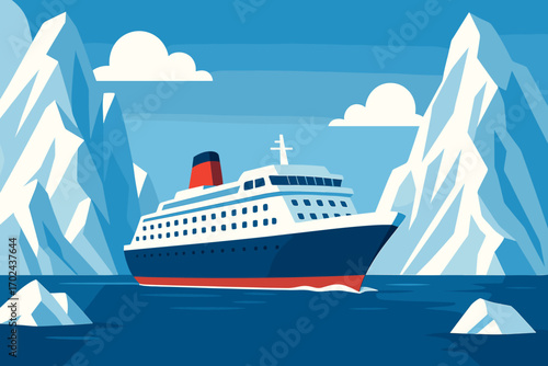 Cruise ship sailing through icy waters between snow-covered mountains on a clear blue day