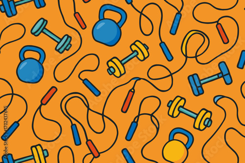 Seamless fitness pattern with kettlebells, dumbbells, and jump ropes on orange background