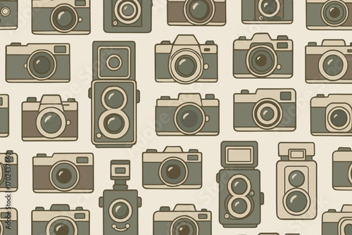 Seamless vintage camera pattern with retro photography icons in muted tones on cream background