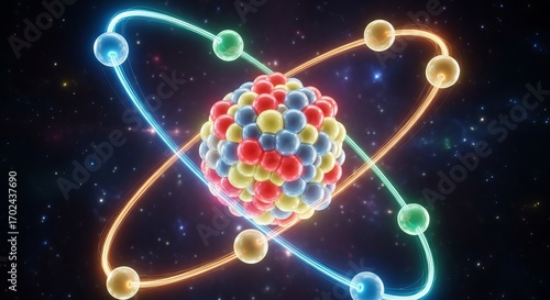 Abstract illustration of an atom with electrons orbiting the nucleus, representing scientific discovery, innovation, and the fundamental building blocks of matter in a cosmic setting