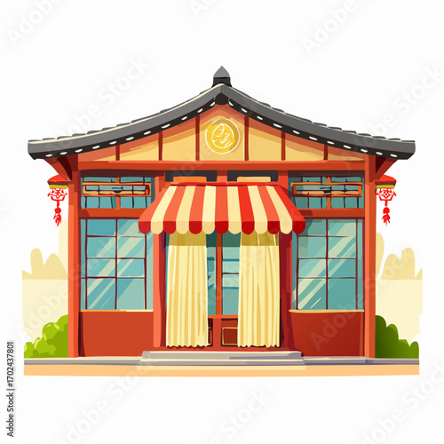 Charming AsianStyle Shopfront with Striped Awning and Decorative Lanterns