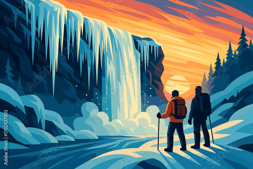 Two hikers admire frozen waterfall in snowy mountain forest during vibrant winter sunset illustration