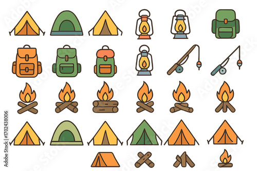 Camping and outdoor activity icons set including tents, backpacks, lanterns, campfires, and fishing rods on gradient background