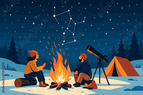 Winter camping illustration with couple stargazing by campfire, telescope and constellation in night sky