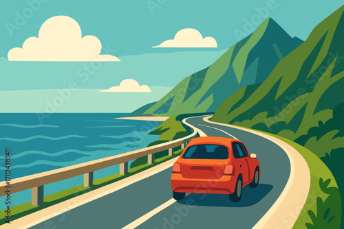 Scenic coastal road trip with red car driving along ocean cliffs and green mountains under a clear blue sky