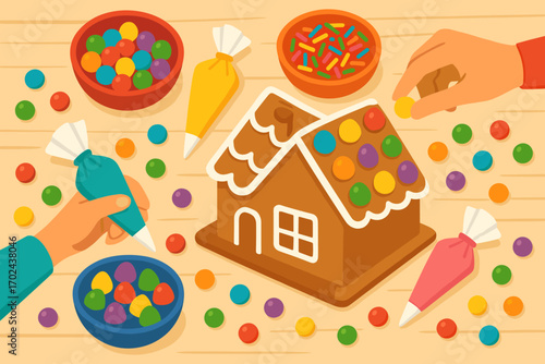 Colorful illustration of hands decorating a gingerbread house with candy and icing during the holiday season
