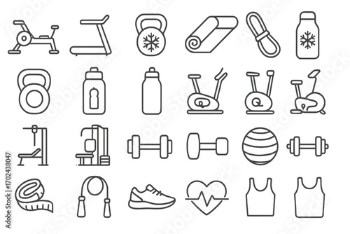 Minimal fitness and gym icon set featuring workout equipment, water bottles, dumbbells, and health gear