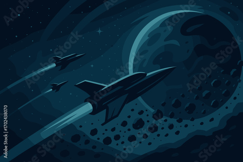 Futuristic illustration of rockets flying through deep space with asteroid belt and distant planet in a dark starry sky